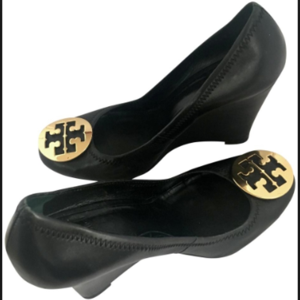 Tory Burch Black Leather Wedge w/ Gold Hardware
